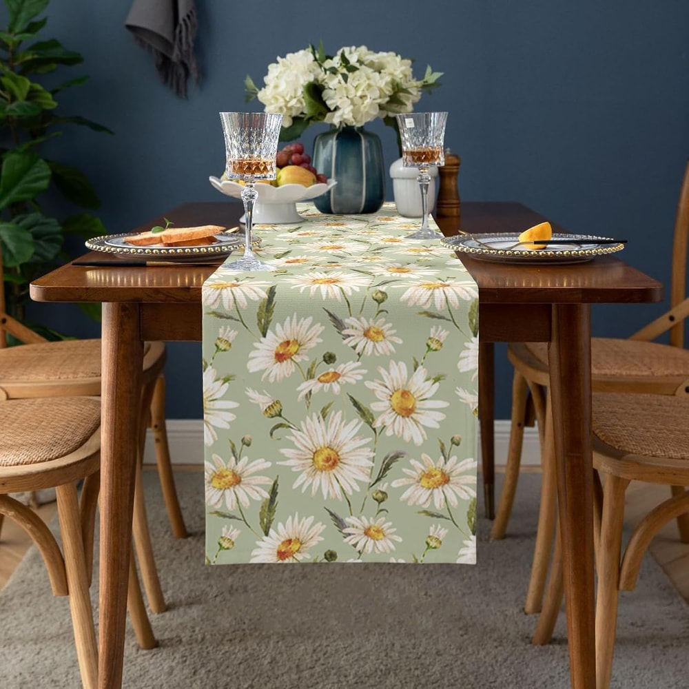 Spring Daisy Floral Linen Table Runner Holiday Table Decor Farmhouse Dining Decor 1