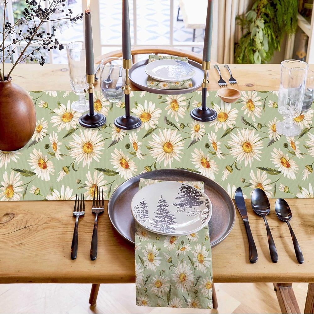 Spring Daisy Floral Linen Table Runner Holiday Table Decor Farmhouse Dining Decor 2