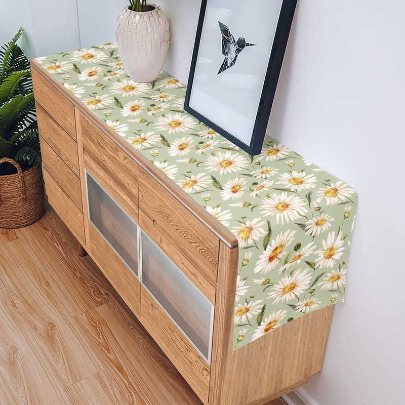 Spring Daisy Floral Linen Table Runner Holiday Table Decor Farmhouse Dining Decor 3