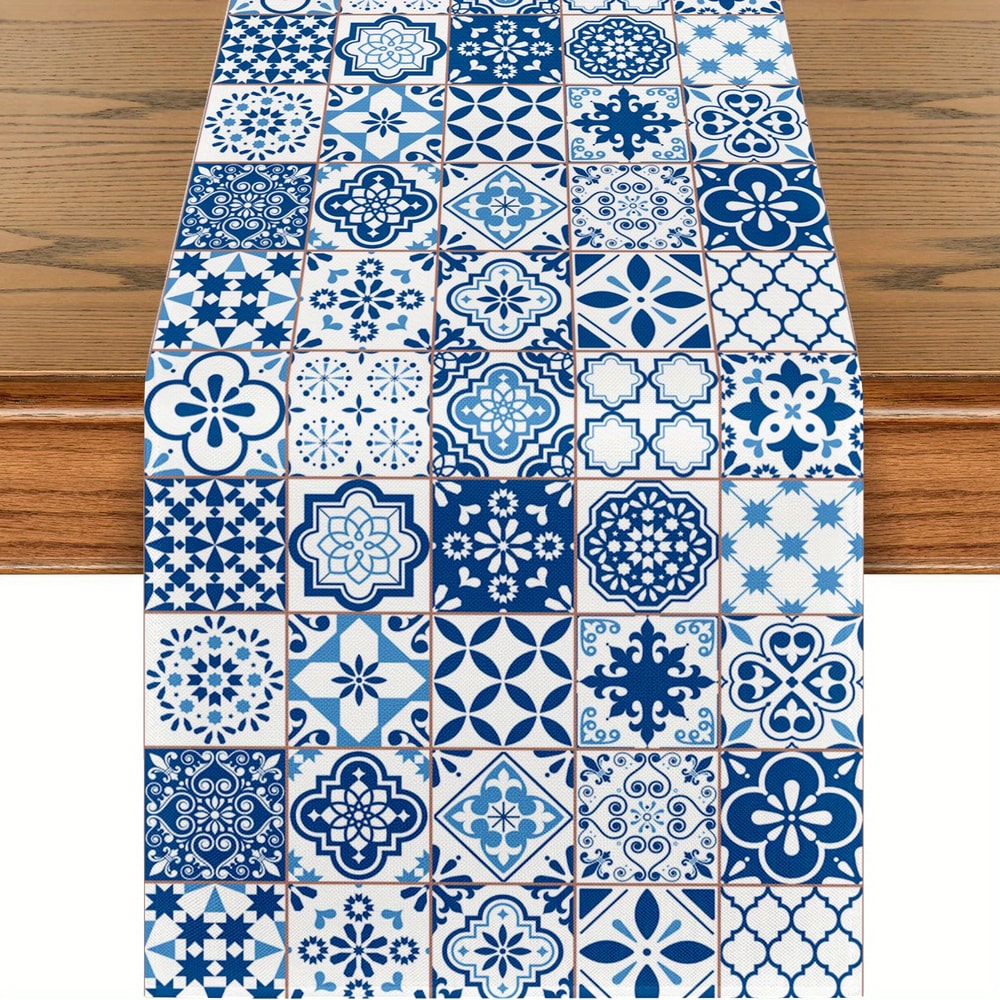 Bohemian Blue White Linen Table Runner For Dining Home Decor 3