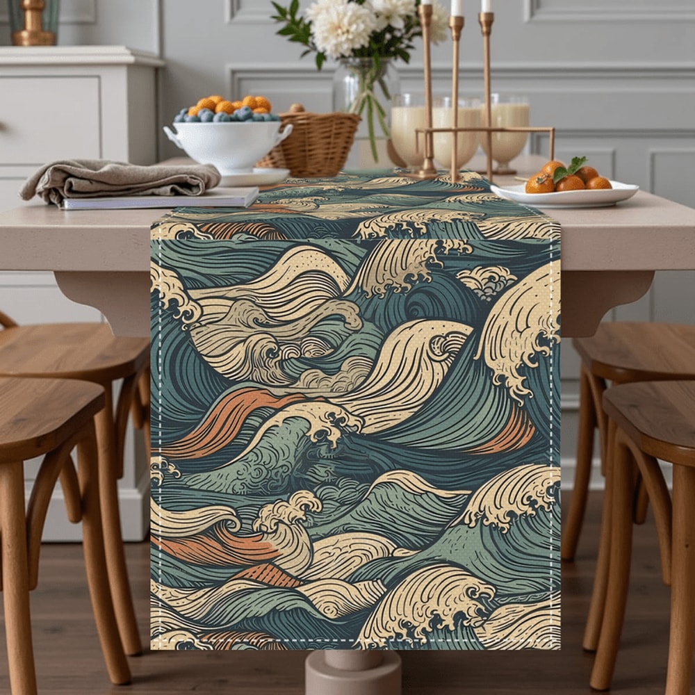 Hokusai Wave Table Runner For Dining Nautical Table Decor Easy Clean Holiday Linen 2