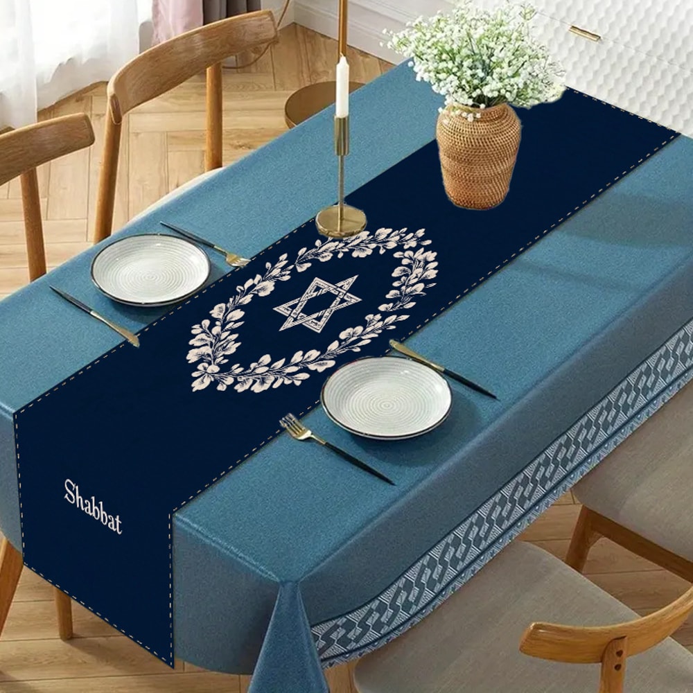 Premium Navy White Jewish Tablecloth With Star Of David Elegant Shabbat Holiday Dining Linen 1