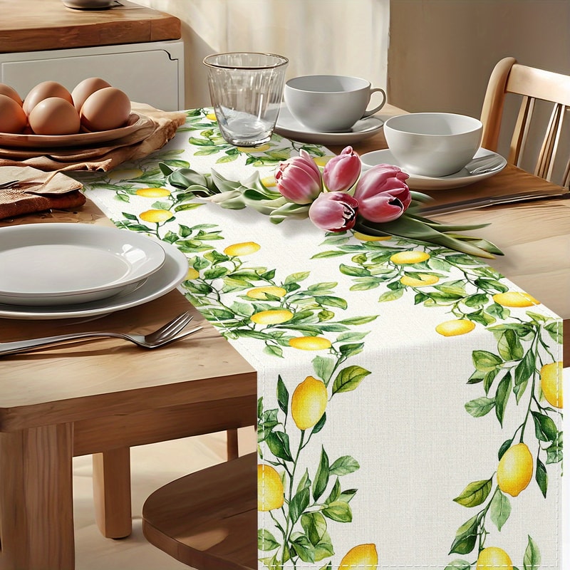 Lemon & Green Leaf Watercolor Linen Table Runner Holiday & Kitchen Dining Decor