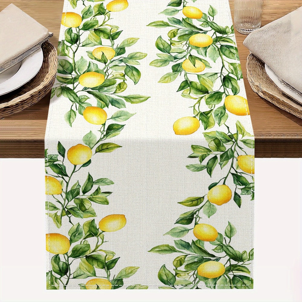 Lemon & Green Leaf Watercolor Linen Table Runner Holiday & Kitchen Dining Decor