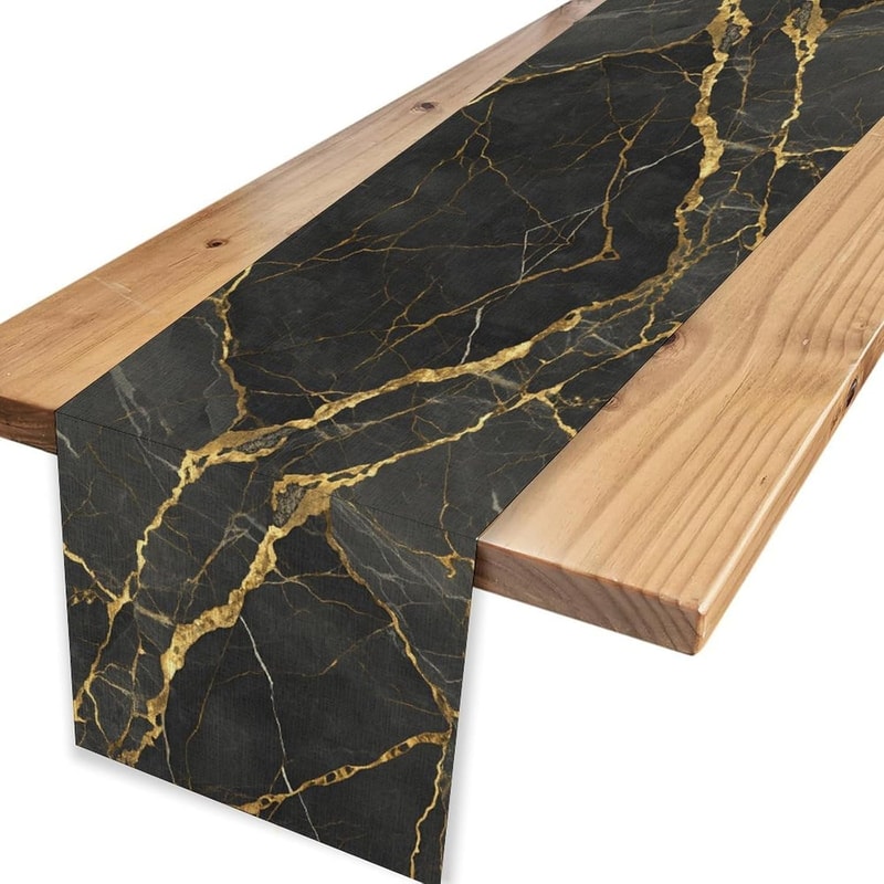 Elegant Black Gold Marble Linen Table Runner Reusable Dining Holiday Decor 1