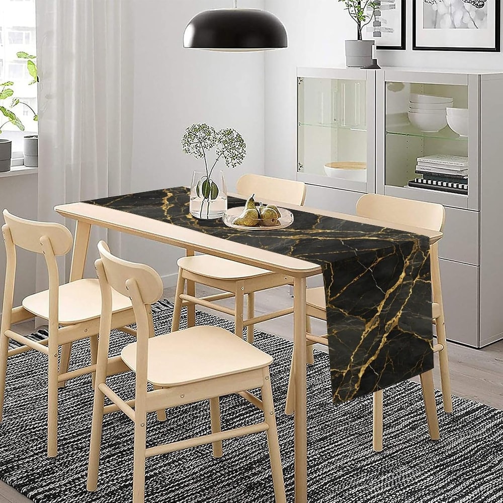 Elegant Black Gold Marble Linen Table Runner Reusable Dining Holiday Decor 2