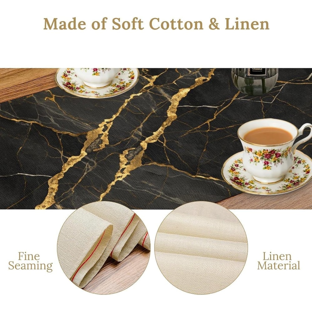 Elegant Black Gold Marble Linen Table Runner Reusable Dining Holiday Decor 4