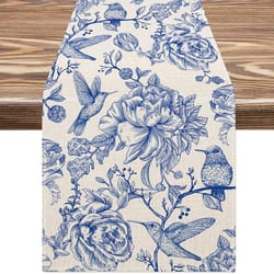 elegant blue white linen table runner bird & flower vintage floral decor for holiday wedding & dining