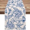 Elegant Blue White Linen Table Runner Bird & Flower Vintage Floral Decor for Holiday Wedding & Dining