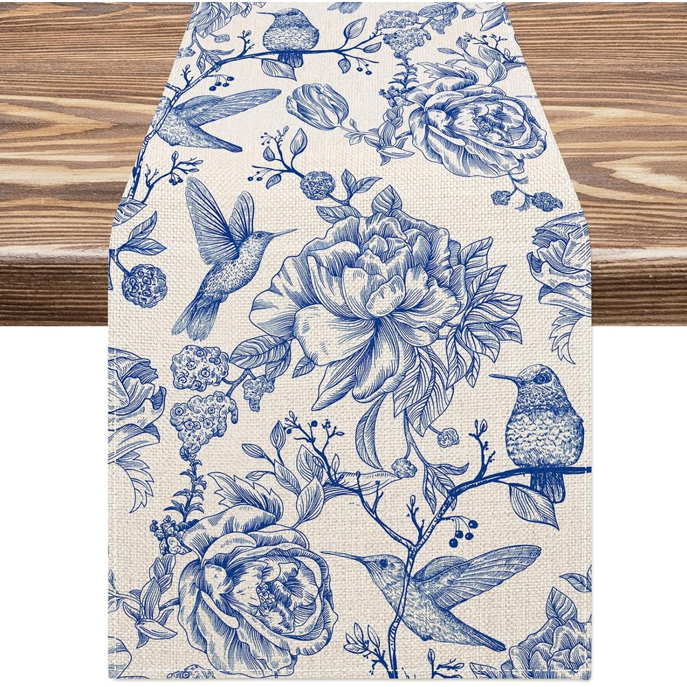 Elegant Blue White Linen Table Runner Bird & Flower Vintage Floral Decor for Holiday Wedding & Dining