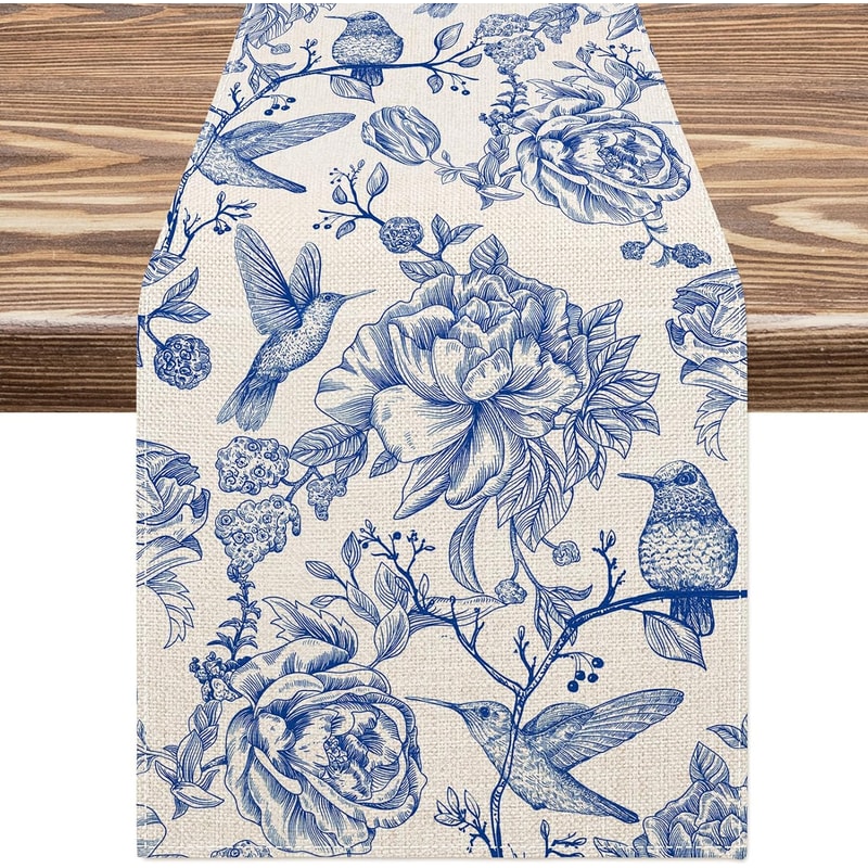 Elegant Blue White Linen Table Runner Bird & Flower Vintage Floral Decor for Holiday Wedding & Dining