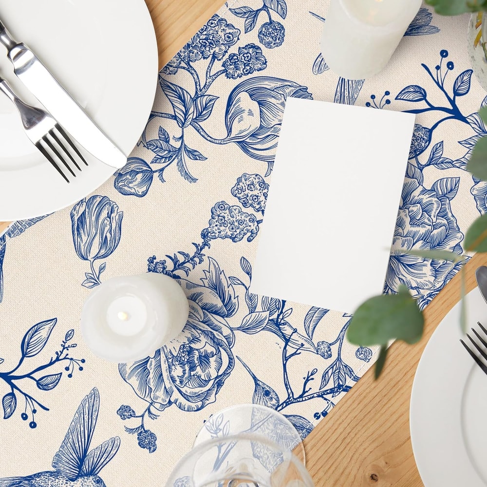 Elegant Blue White Linen Table Runner Bird & Flower Vintage Floral Decor for Holiday Wedding & Dining