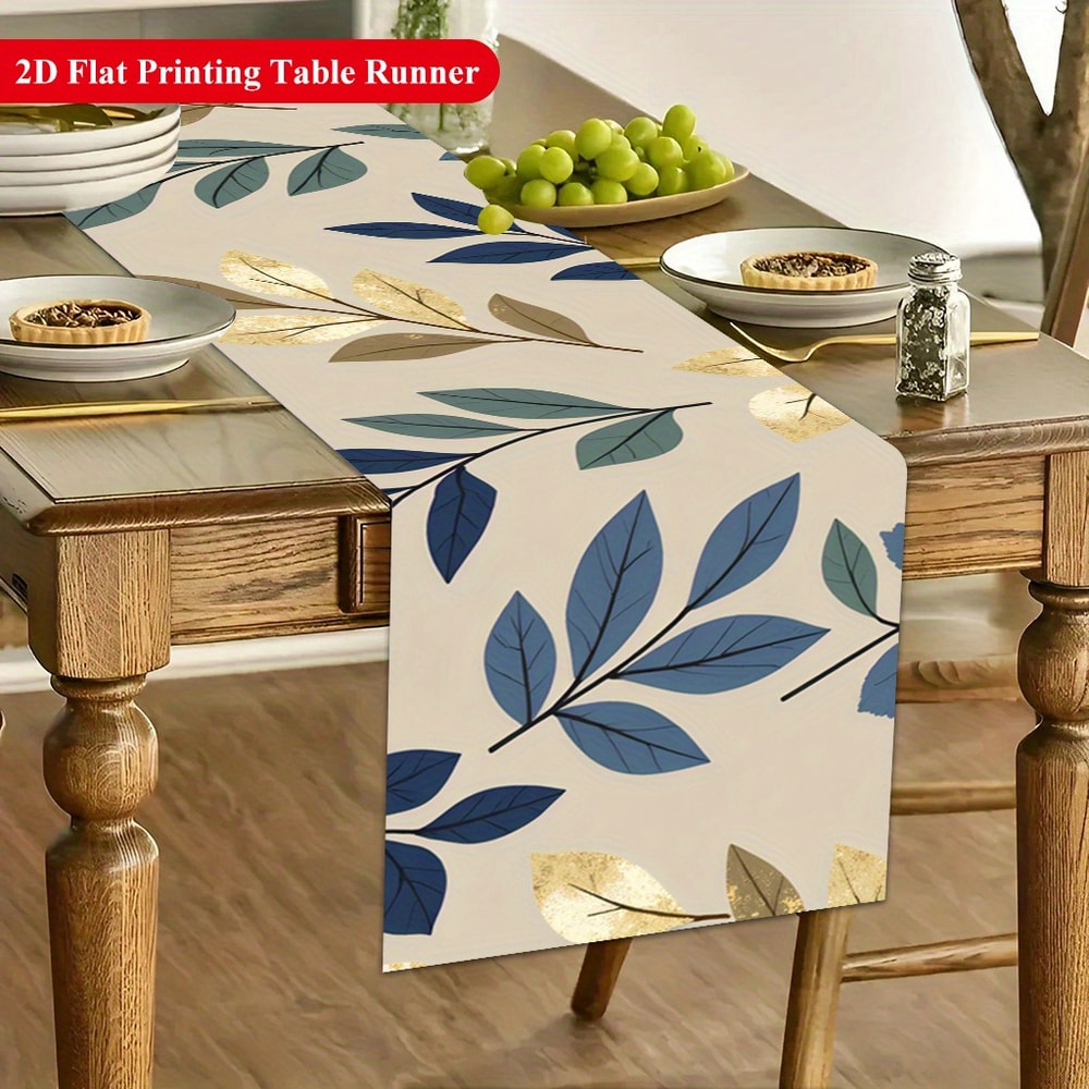 Elegant Gold Blue Leaf Decorative Dining Table Runner Premium Polyester For Wedding Home 1
