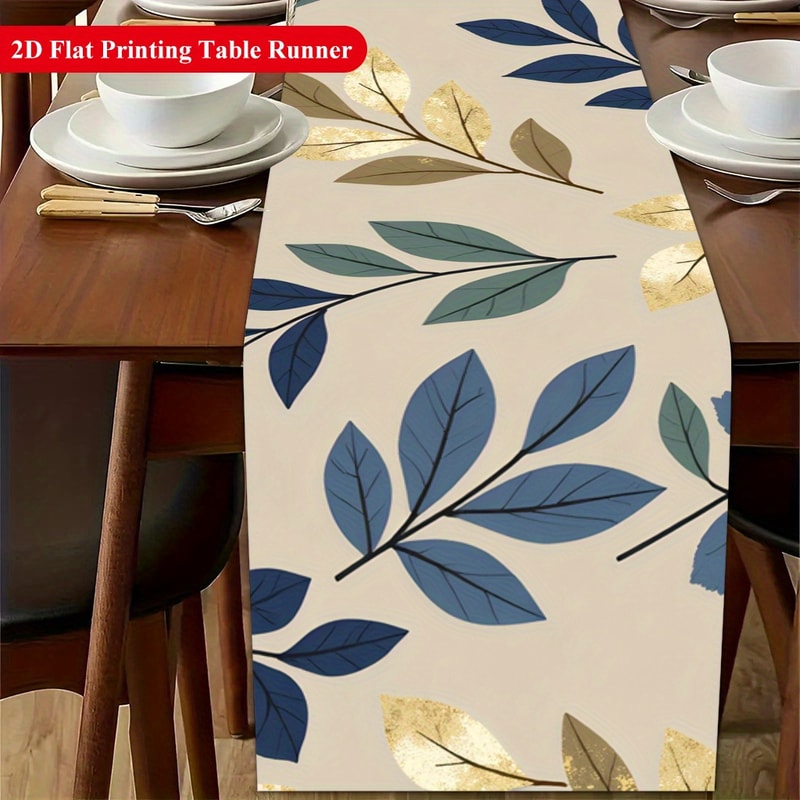 Elegant Gold Blue Leaf Decorative Dining Table Runner Premium Polyester For Wedding Home 4
