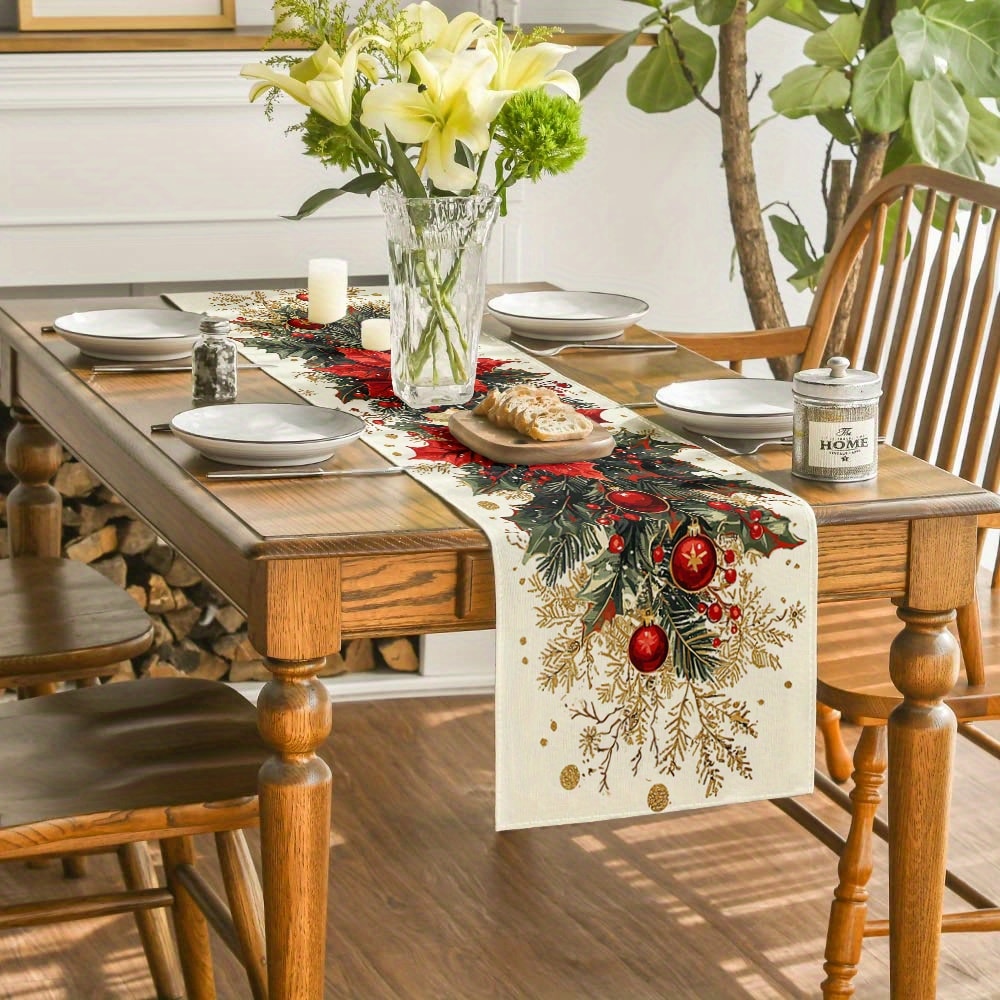 Festive Poinsettia Christmas Table Runner Linen Holiday Table Decor 1