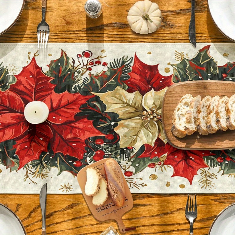 Festive Poinsettia Christmas Table Runner Linen Holiday Table Decor 3
