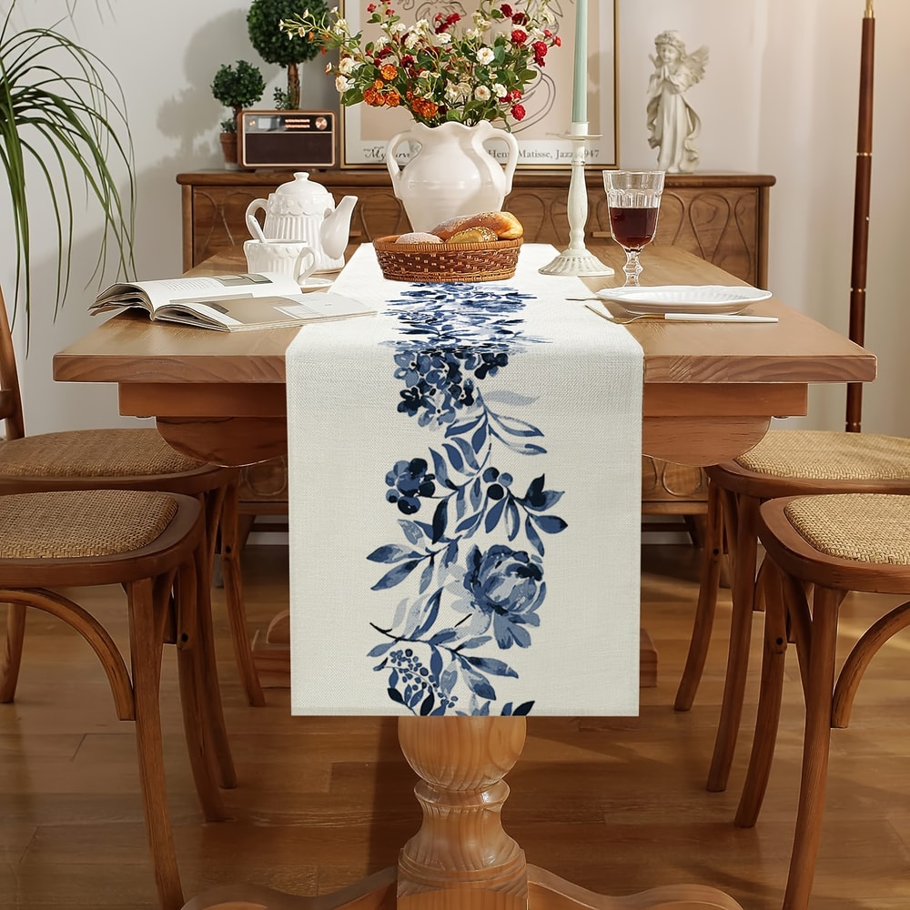 Boho Blue Floral Linen Table Runner Decor For Kitchen Dining Wedding Table 1