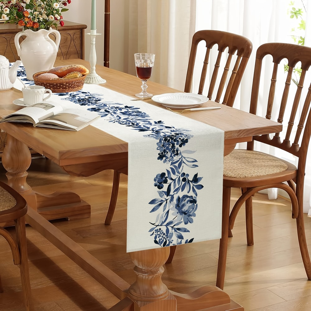Boho Blue Floral Linen Table Runner Decor For Kitchen Dining Wedding Table 2