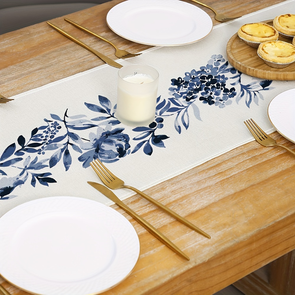 Boho Blue Floral Linen Table Runner Decor For Kitchen Dining Wedding Table 3