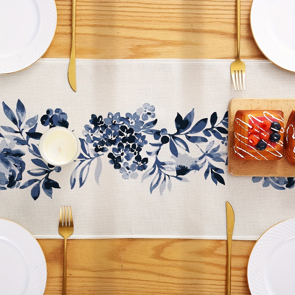 Boho Blue Floral Linen Table Runner Decor For Kitchen Dining Wedding Table 4
