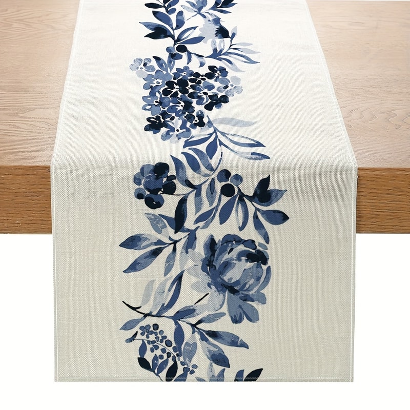 Boho Blue Floral Linen Table Runner Decor For Kitchen Dining Wedding Table 5