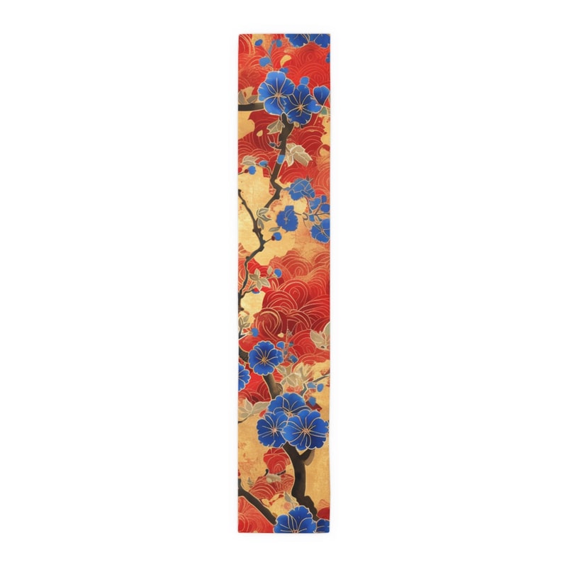 Elegant Linen Table Runner With Cherry Blossom Art Red Gold Decorative Dining Table Runner 2