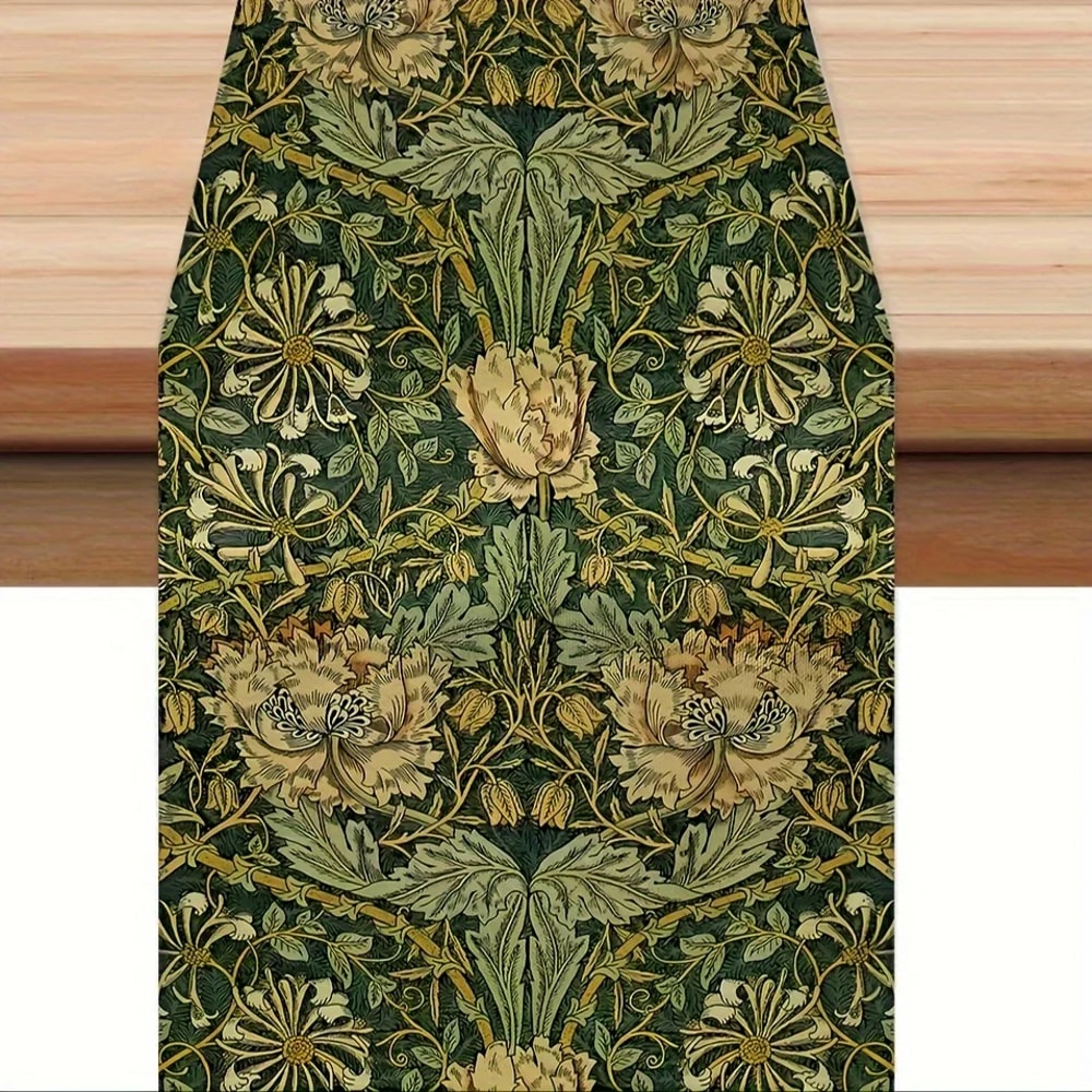 Vintage Linen Floral Table Runner Elegant Farmhouse Table Decor