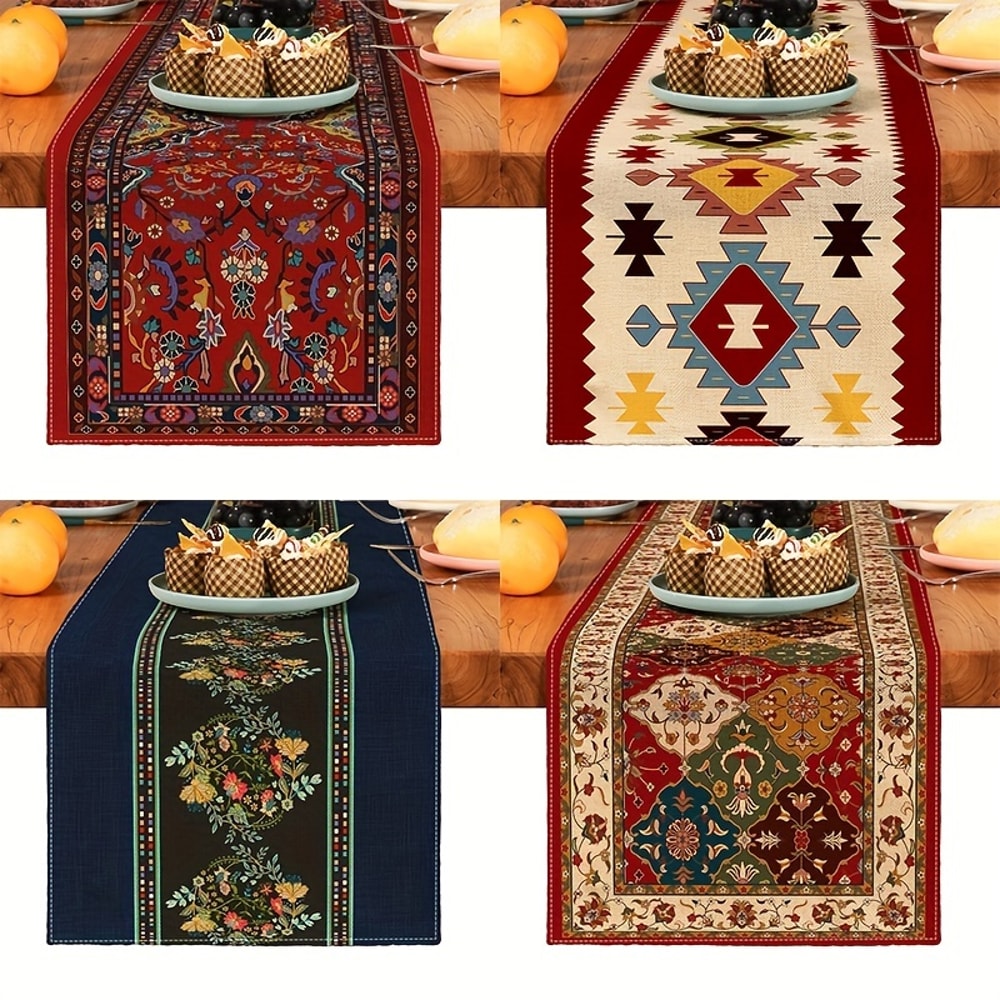 Bohemia Persian Style Linen Table Runner Farmhouse Wedding & Holiday Table Decor