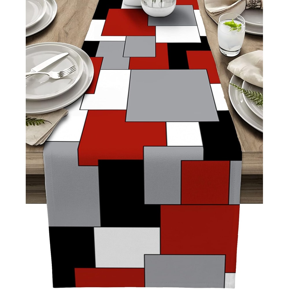 Modern Linen Table Runner Abstract Geometric Color Block Dining Kitchen Decor 5