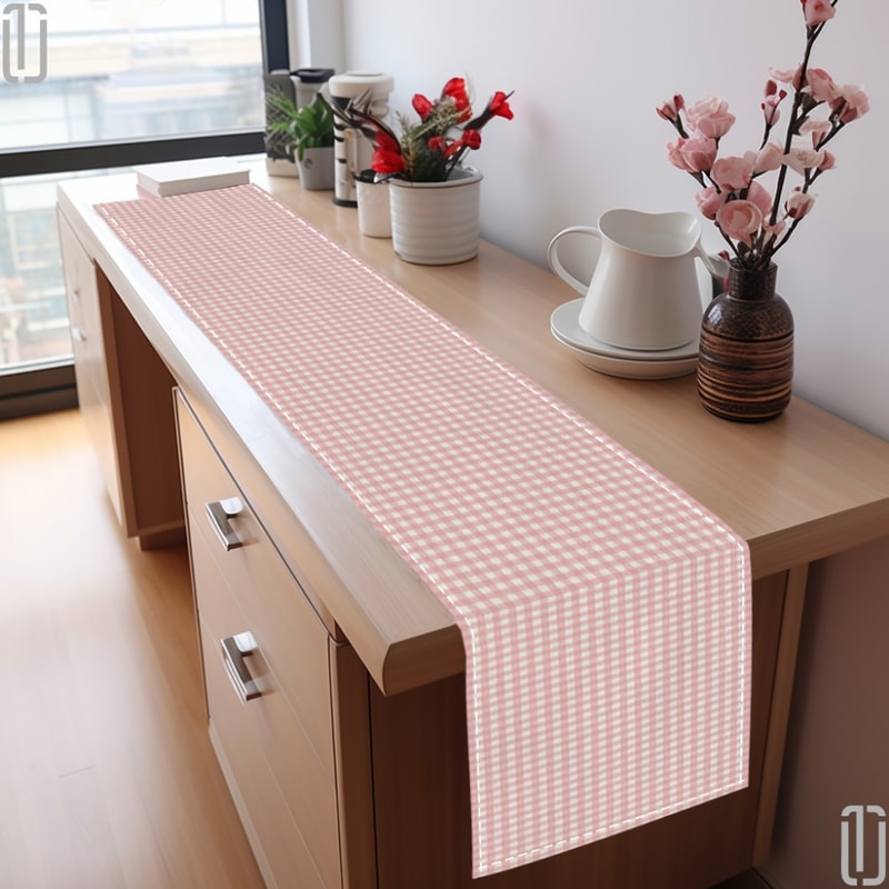 Pink White Gingham Table Runner For Dining Holiday Kitchen Table Decor 4