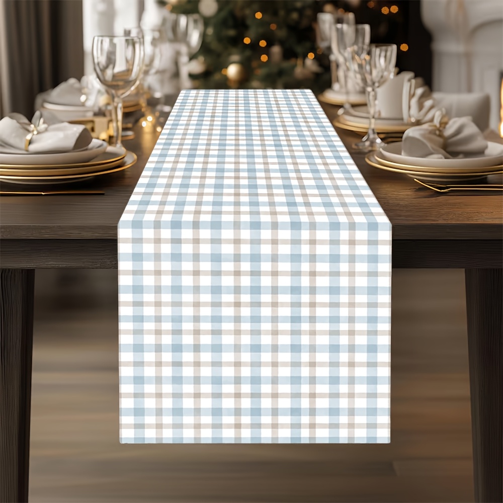 Elegant Blue White Plaid Linen Table Runner Classic Holiday Dining Room Decor 0