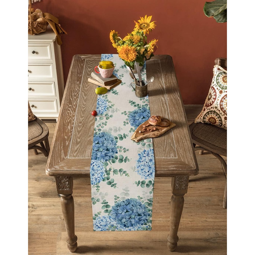 Serene Blue Hydrangea Eucalyptus Floral Linen Table Runner Farmhouse Wedding Dining Table Decor 1