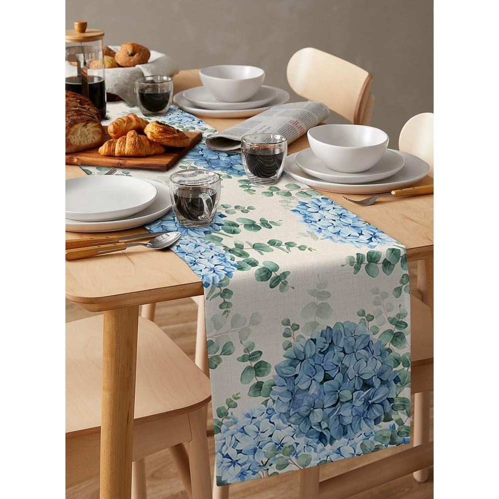 Serene Blue Hydrangea Eucalyptus Floral Linen Table Runner Farmhouse Wedding Dining Table Decor 2