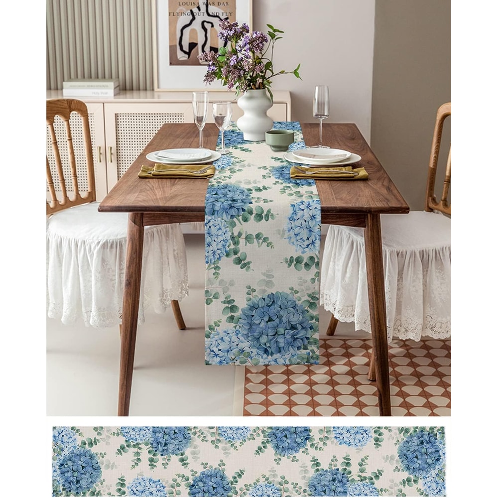 Serene Blue Hydrangea Eucalyptus Floral Linen Table Runner Farmhouse Wedding Dining Table Decor 4