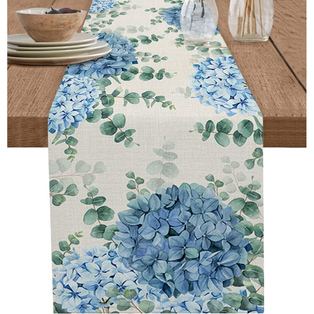 Serene Blue Hydrangea Eucalyptus Floral Linen Table Runner Farmhouse Wedding Dining Table Decor 5