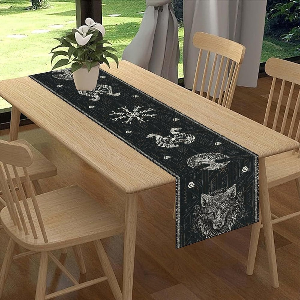 Norse Viking Raven & Tree of Life Linen Table Runner Holiday Party Decor