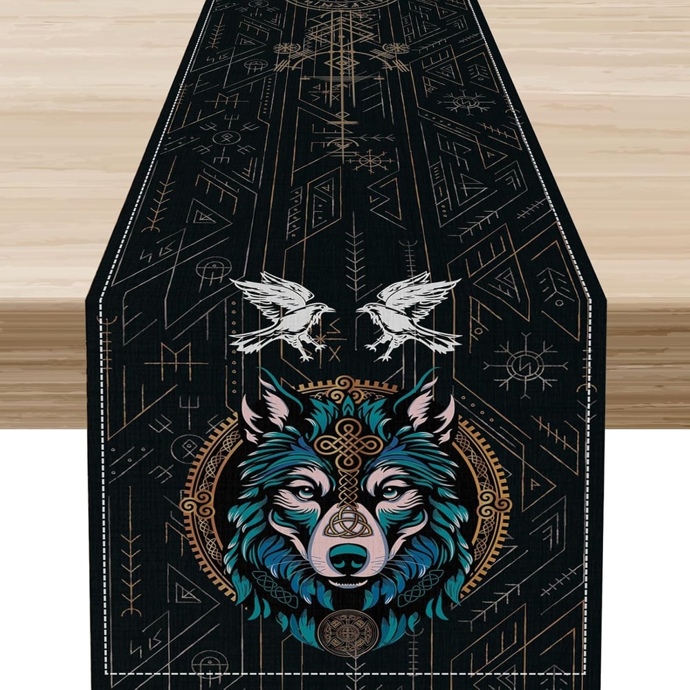 Norse Viking Raven & Tree of Life Linen Table Runner Holiday Party Decor