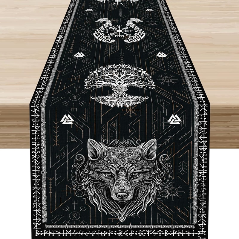 Norse Viking Raven & Tree of Life Linen Table Runner Holiday Party Decor