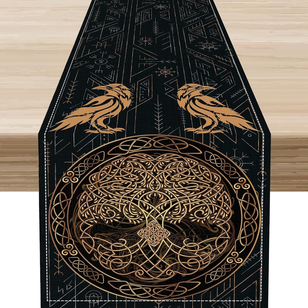 Norse Viking Raven & Tree of Life Linen Table Runner Holiday Party Decor