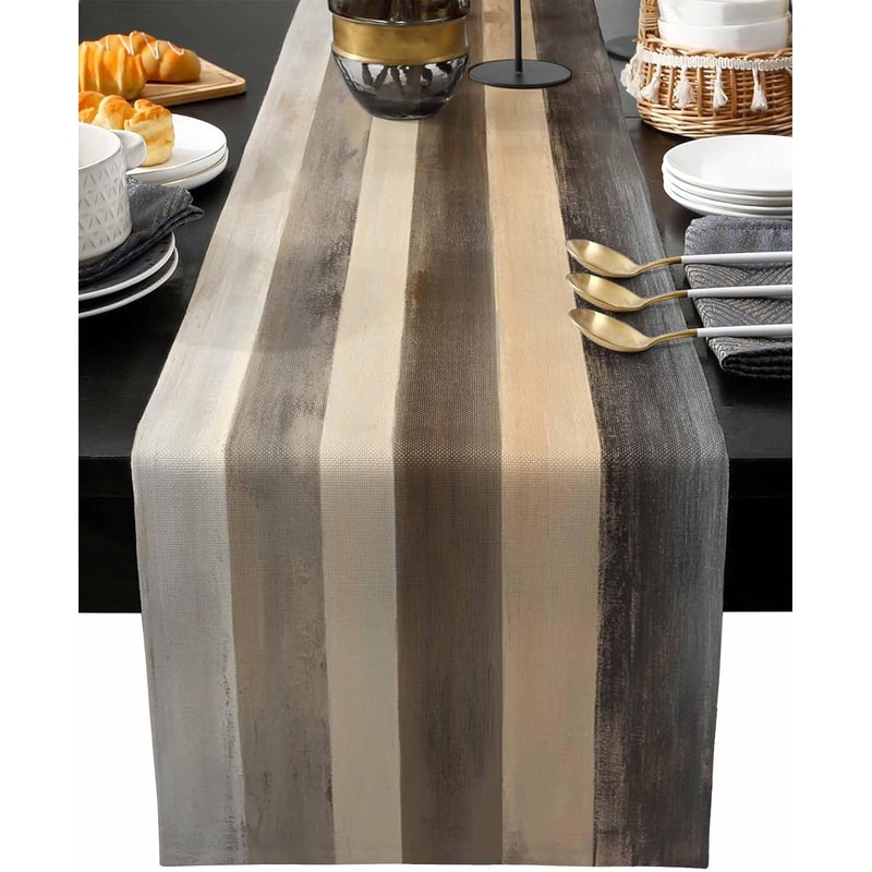 Premium Brown Stripe Linen Wood Grain Table Runner For Dining Holiday Decor 0