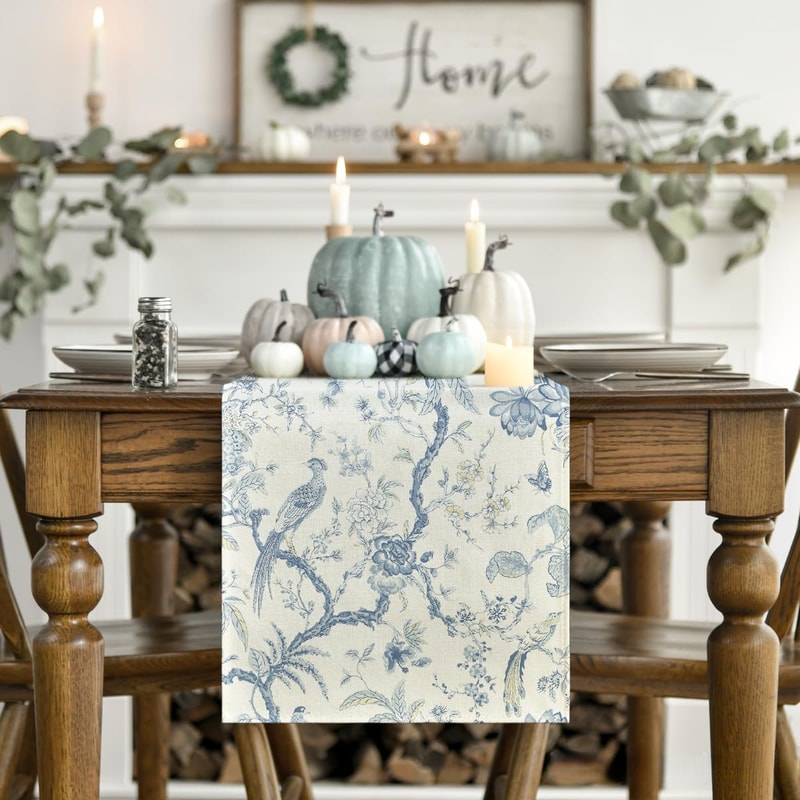 Elegant Chinoiserie Peacock Linen Table Runner Premium Dining & Holiday Decor