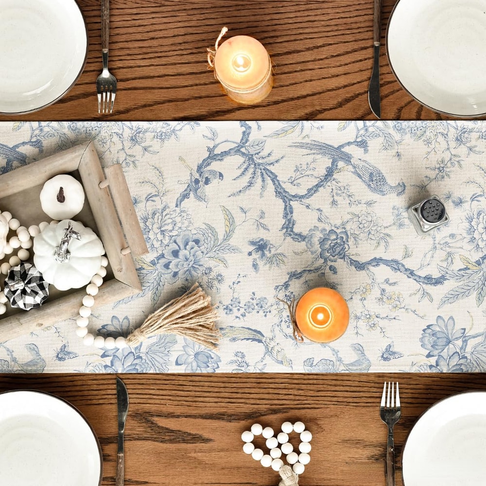 Elegant Chinoiserie Peacock Linen Table Runner Premium Dining & Holiday Decor