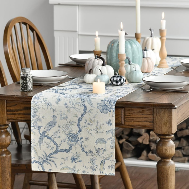 Elegant Chinoiserie Peacock Linen Table Runner Premium Dining & Holiday Decor