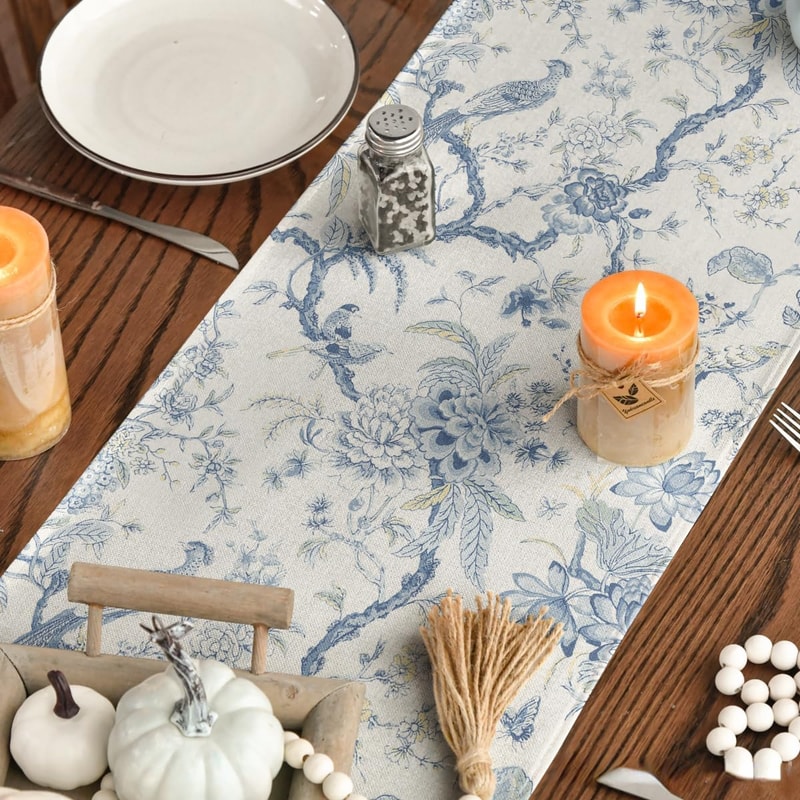 Elegant Chinoiserie Peacock Linen Table Runner Premium Dining & Holiday Decor
