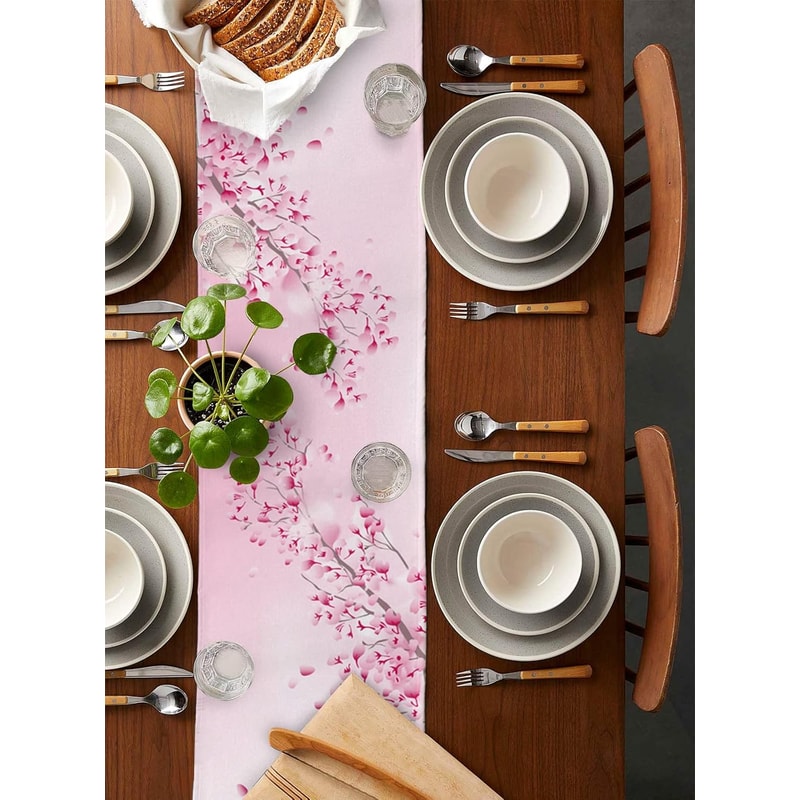 Elegant Cherry Blossom Table Runner Linen Table Runner Farmhouse Decor for Spring Summer Table Decor