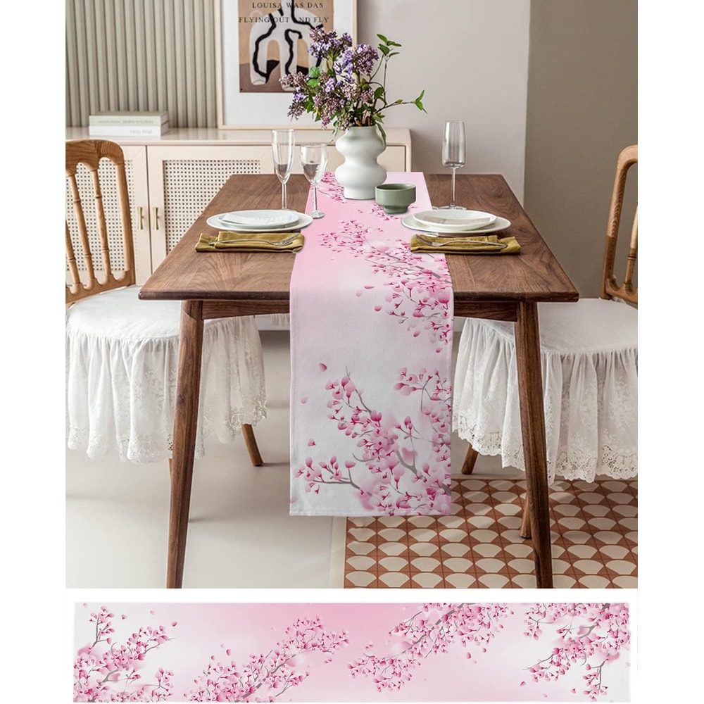 Elegant Cherry Blossom Table Runner Linen Table Runner Farmhouse Decor for Spring Summer Table Decor