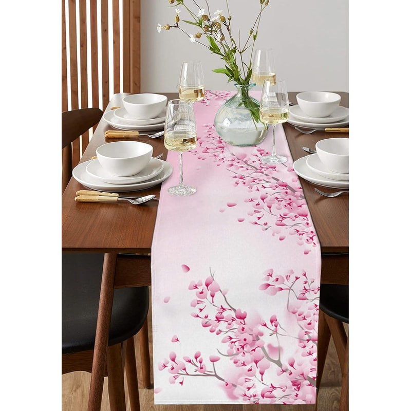 Elegant Cherry Blossom Table Runner Linen Table Runner Farmhouse Decor for Spring Summer Table Decor