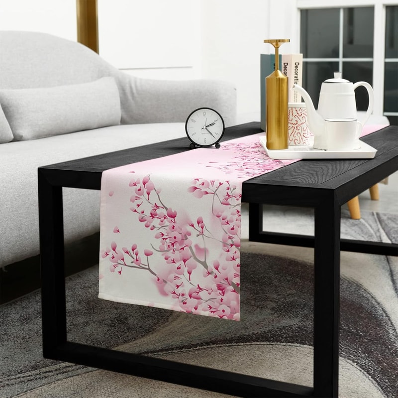 Elegant Cherry Blossom Table Runner Linen Table Runner Farmhouse Decor for Spring Summer Table Decor