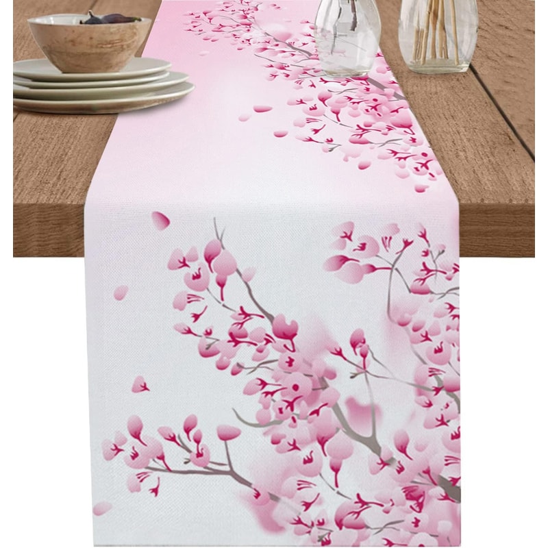 Elegant Cherry Blossom Table Runner Linen Table Runner Farmhouse Decor for Spring Summer Table Decor
