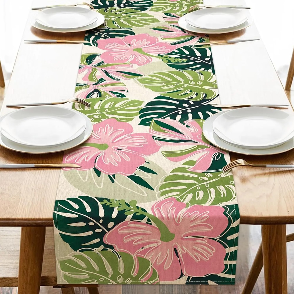 Palm Leaf Linen Table Runner For Tropical Summer Dining And Party Decor 7